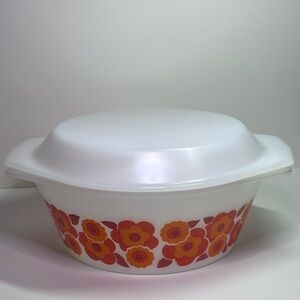 Arcopal France “Lotus” Opal Glass Casserole Dish with Lid Vintage 1970s Floral